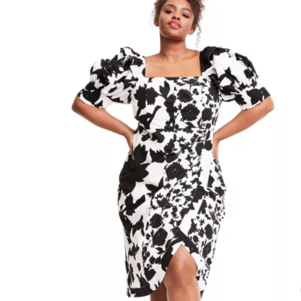 Floral Puff Sleeve Faux Wrap Dress